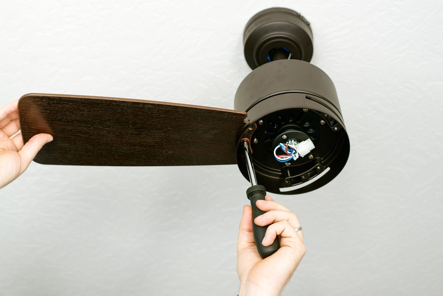 Ceiling fan blades attached to fan motor assembly with screwdriver