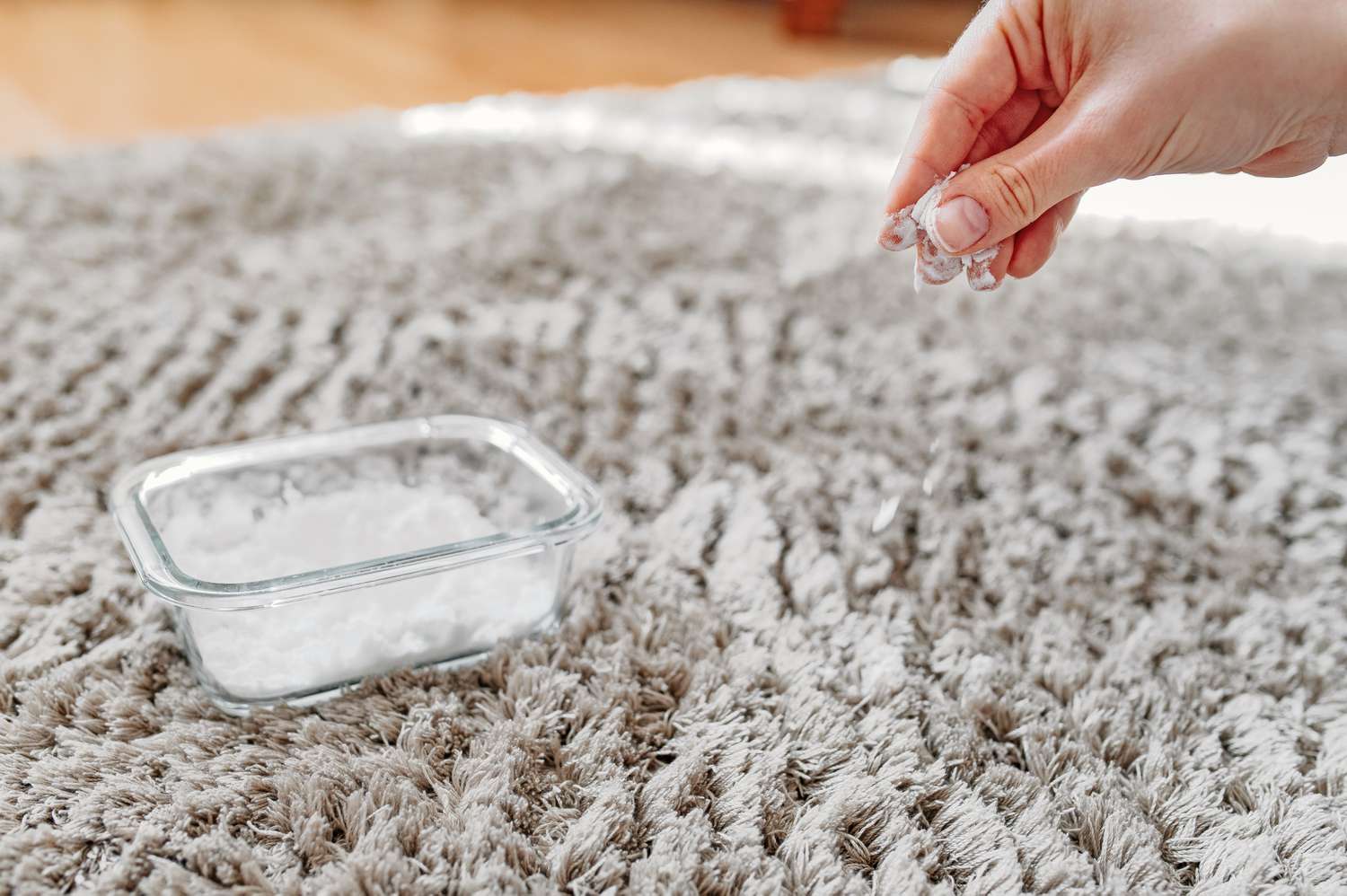 Bicarbonato y sal espolvoreados sobre las fibras de la alfombra