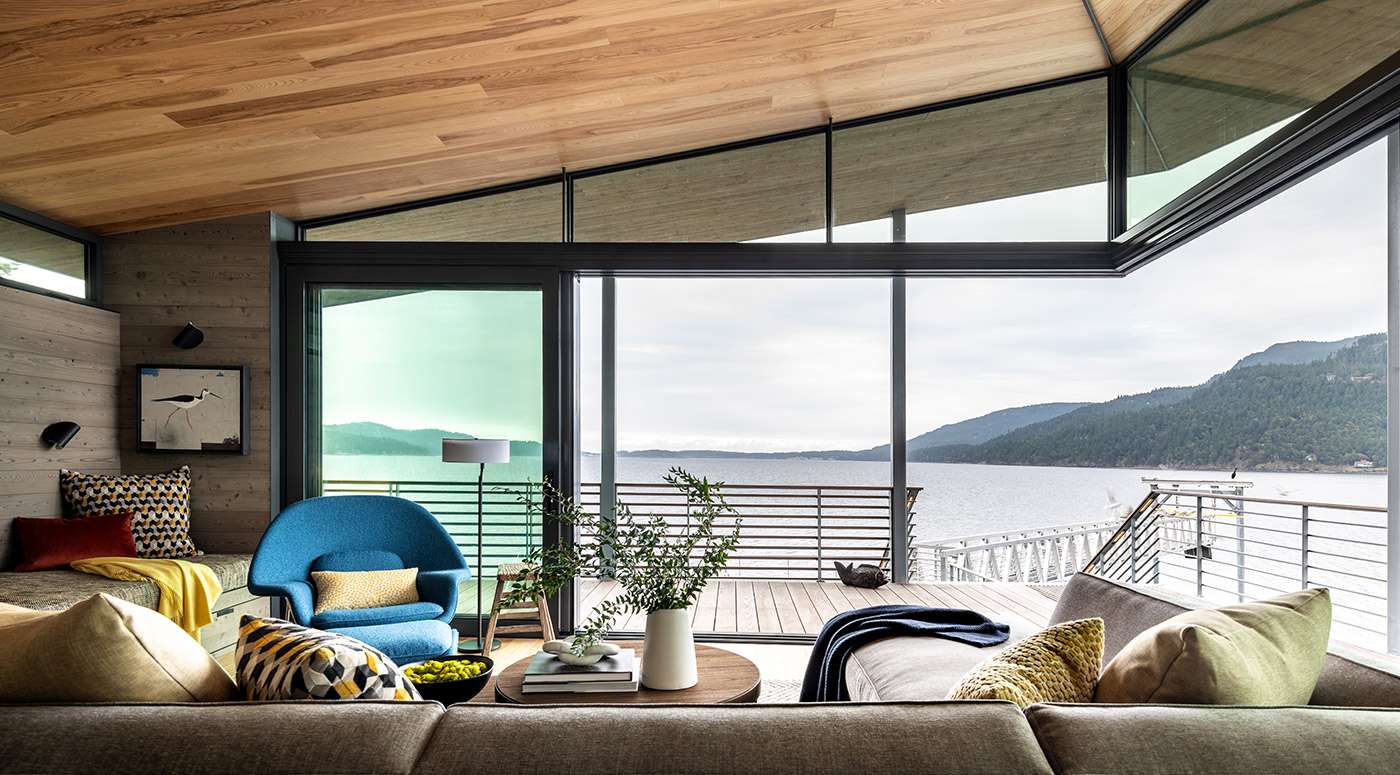 modern living room with wood paneled ceilings