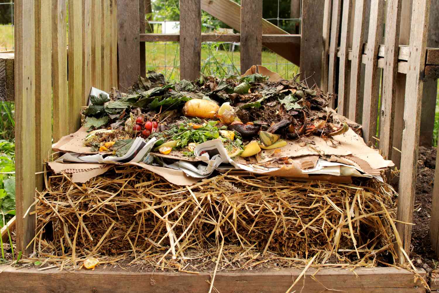 Bac en bois avec des couches de matériaux de compostage bruns et verts