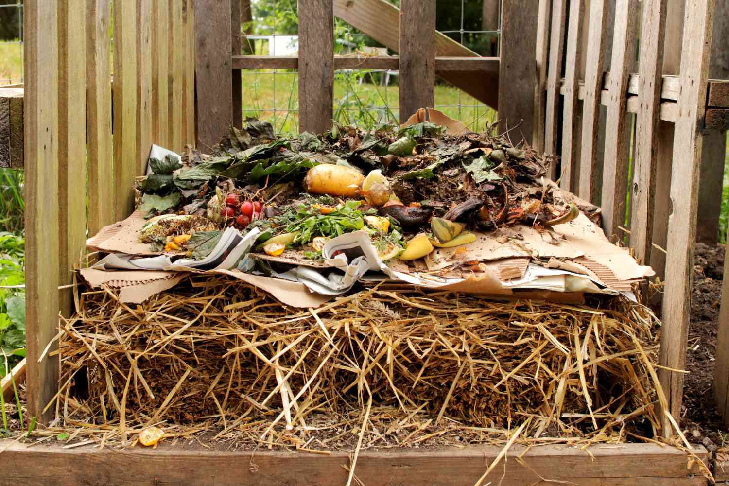 Lixeira de madeira com camadas de materiais de compostagem marrom e verde