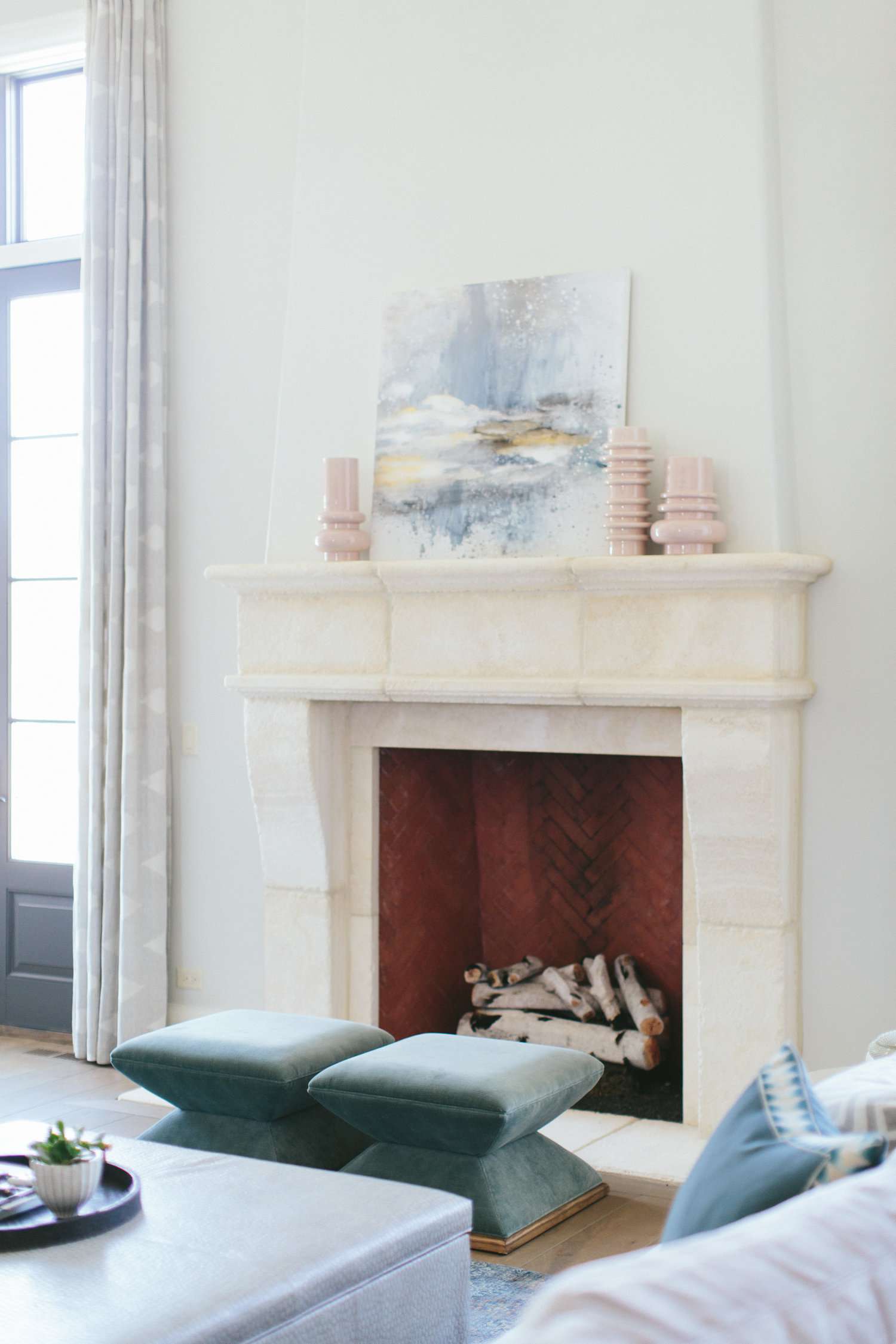 off white large tile fireplace