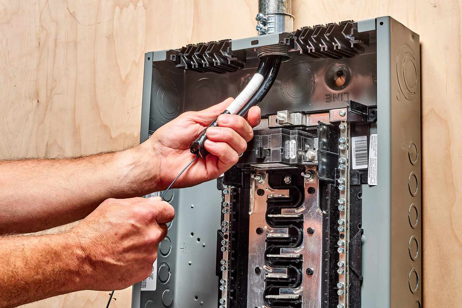 Main service wires through the main service conduit opening from inside of electric panel