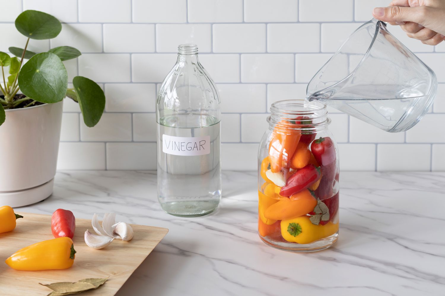 Essig in einen großen Glasbehälter mit Paprika gegossen