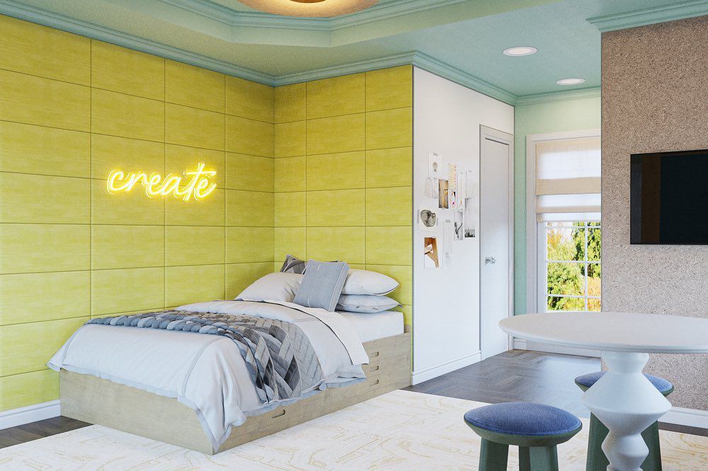 Chartreuse and aqua bedroom