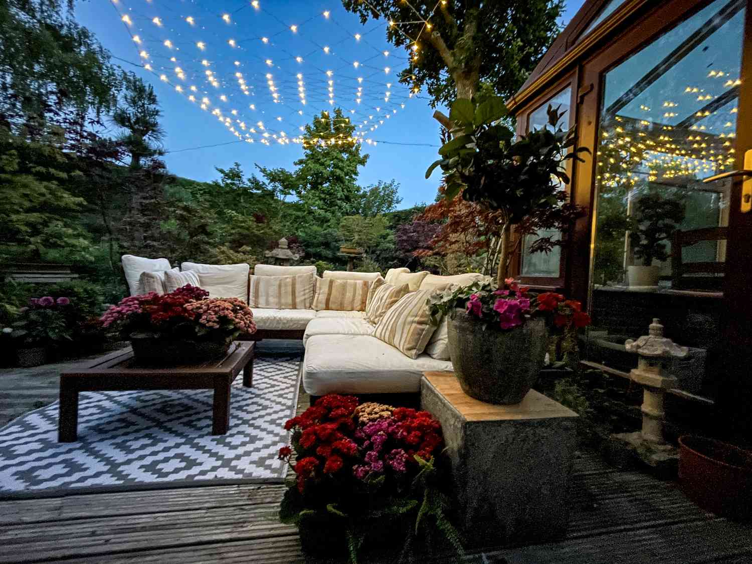 Patio seating with string lights