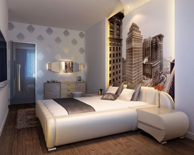 Chambre à coucher éclectique avec paysage urbain