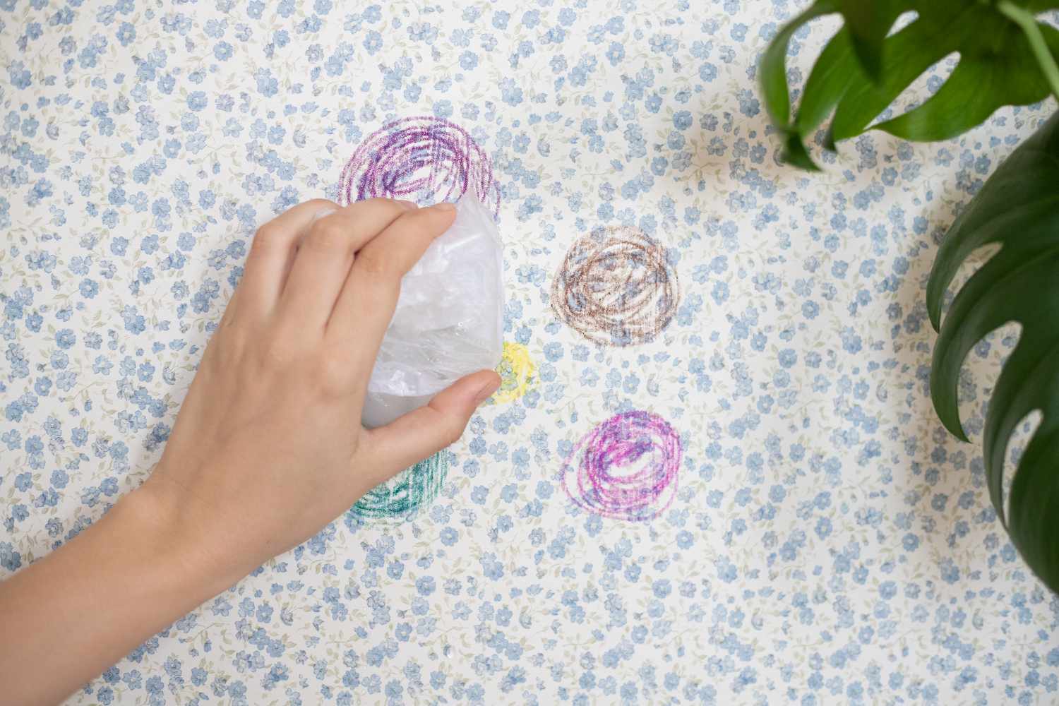 Eiswürfel in einer Plastiktüte, die gegen die Tapete gedrückt werden, um Wachsreste zu härten