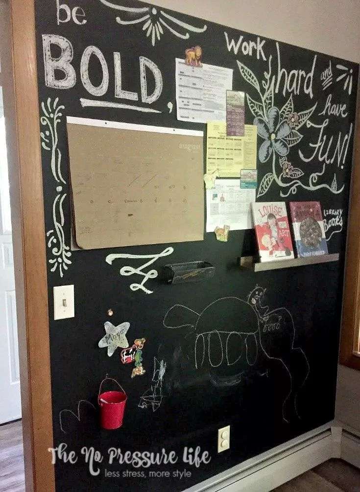 A chalkboard wall with writing