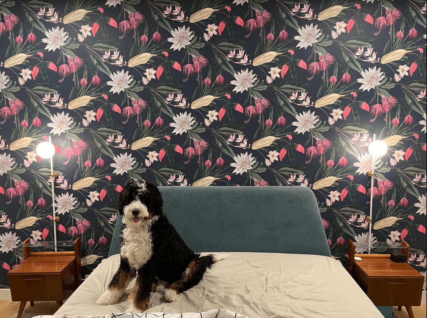 Chambre à coucher avec papier peint floral noir.