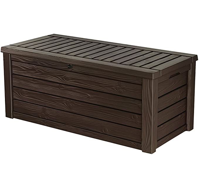 A brown deck storage box