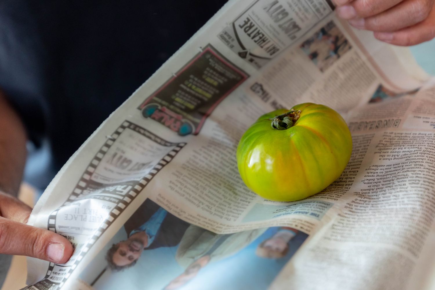 Tomate jaune-verte enveloppée dans du papier journal pour mûrir