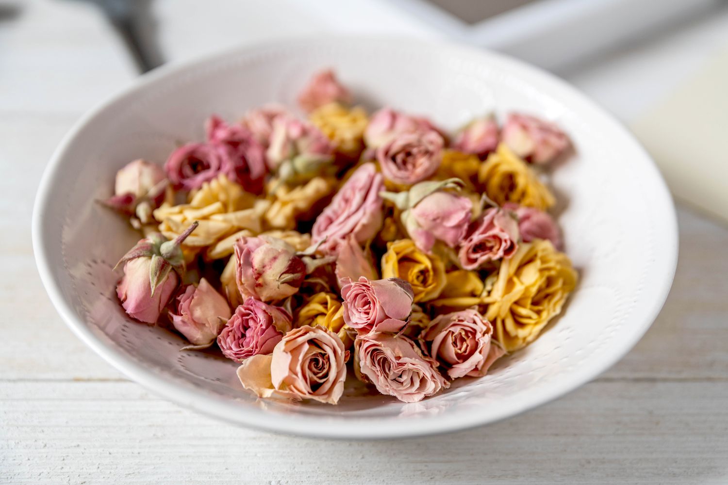 Getrocknete rosa und gelbe Rosen in Schale gesammelt