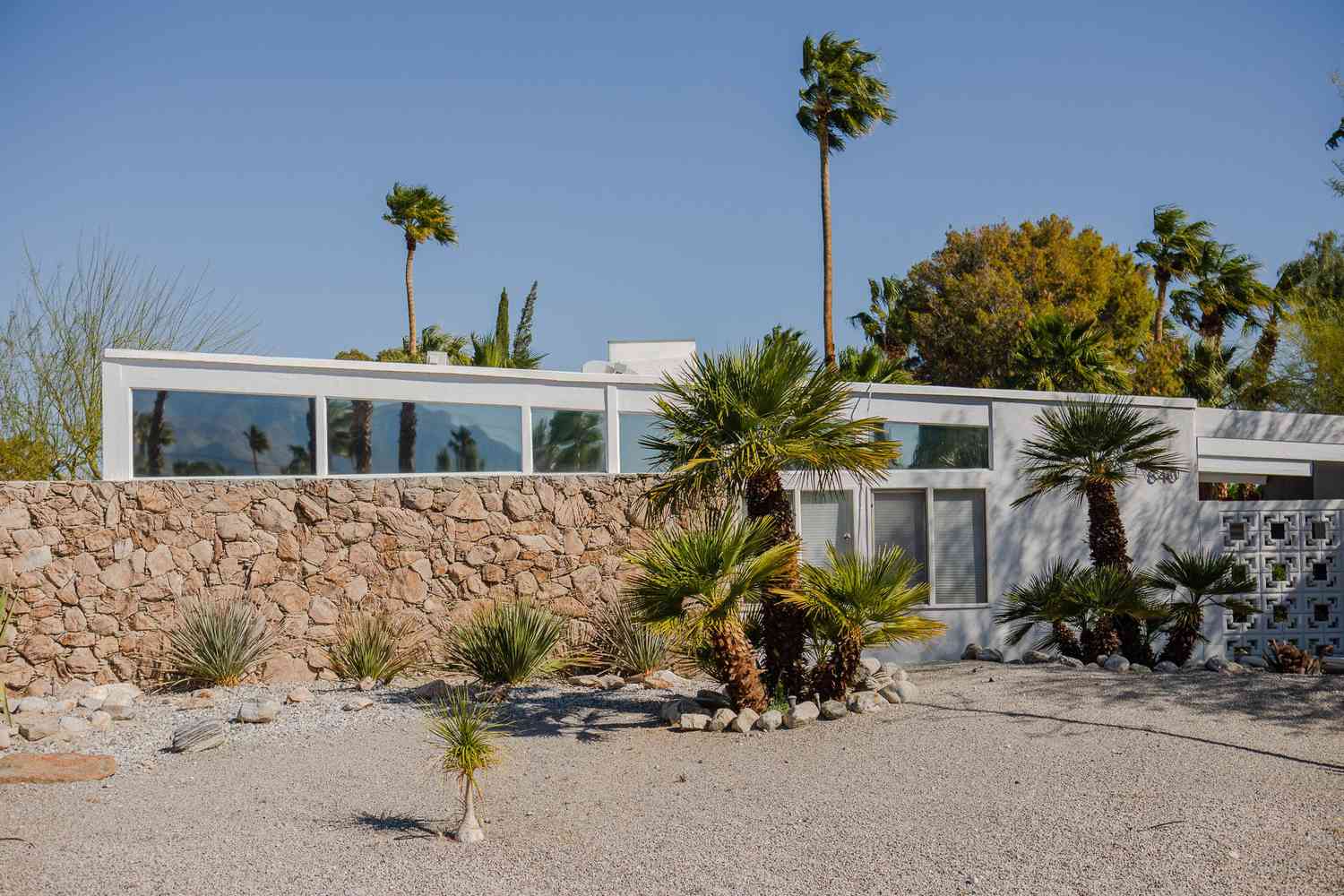 Casa moderna branca com paisagismo no deserto e palmeiras na frente