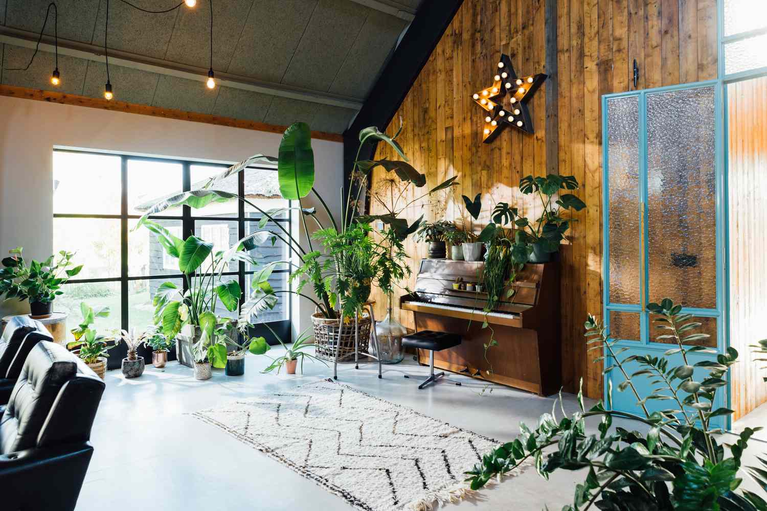 Midcentury modern scandinavian eco lodgle like interior with a lot of green plants and barn wood walls. Piano visible.