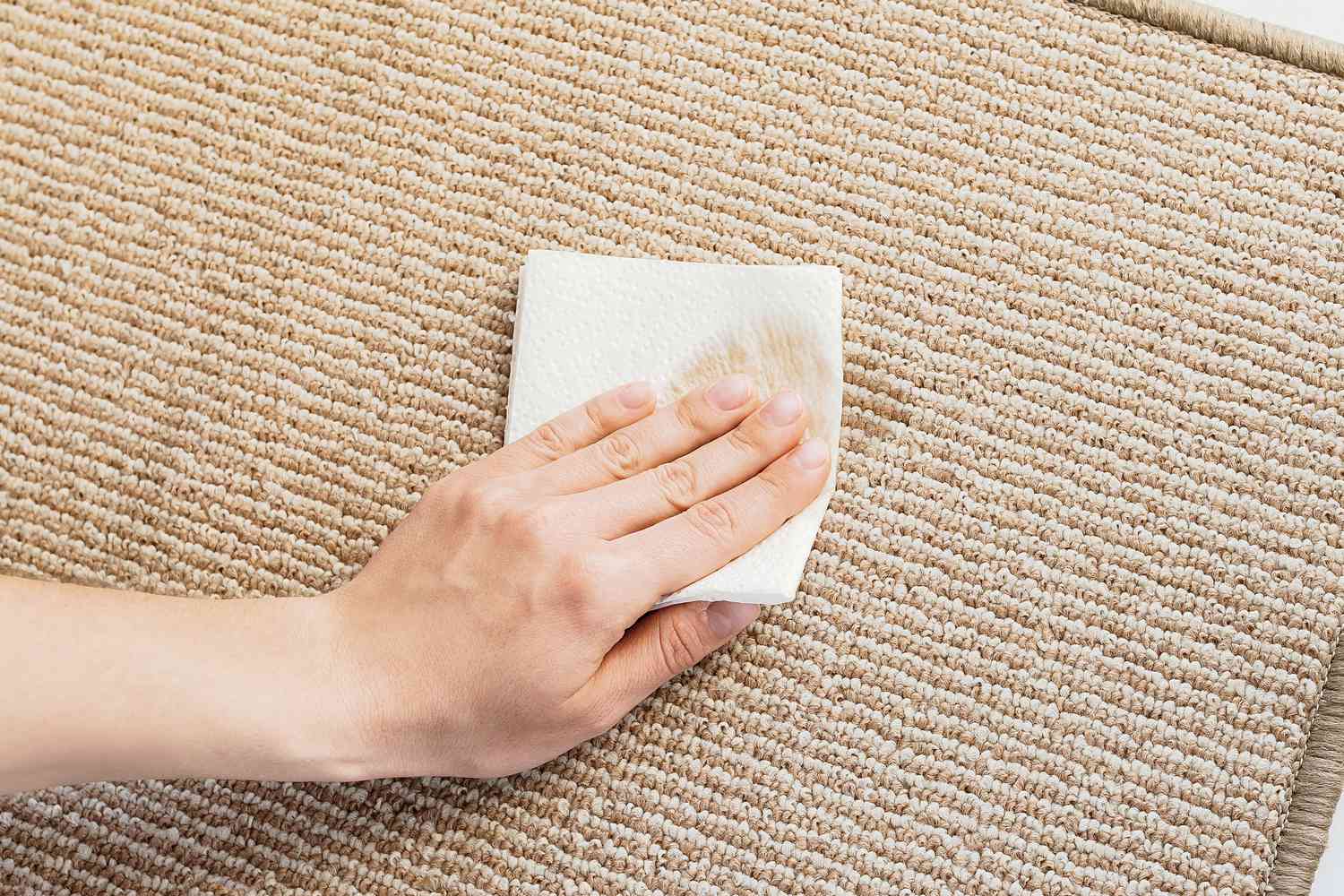 Sauberes Papiertuch tupft Sojasoßenfleck auf hellbraunem Teppich