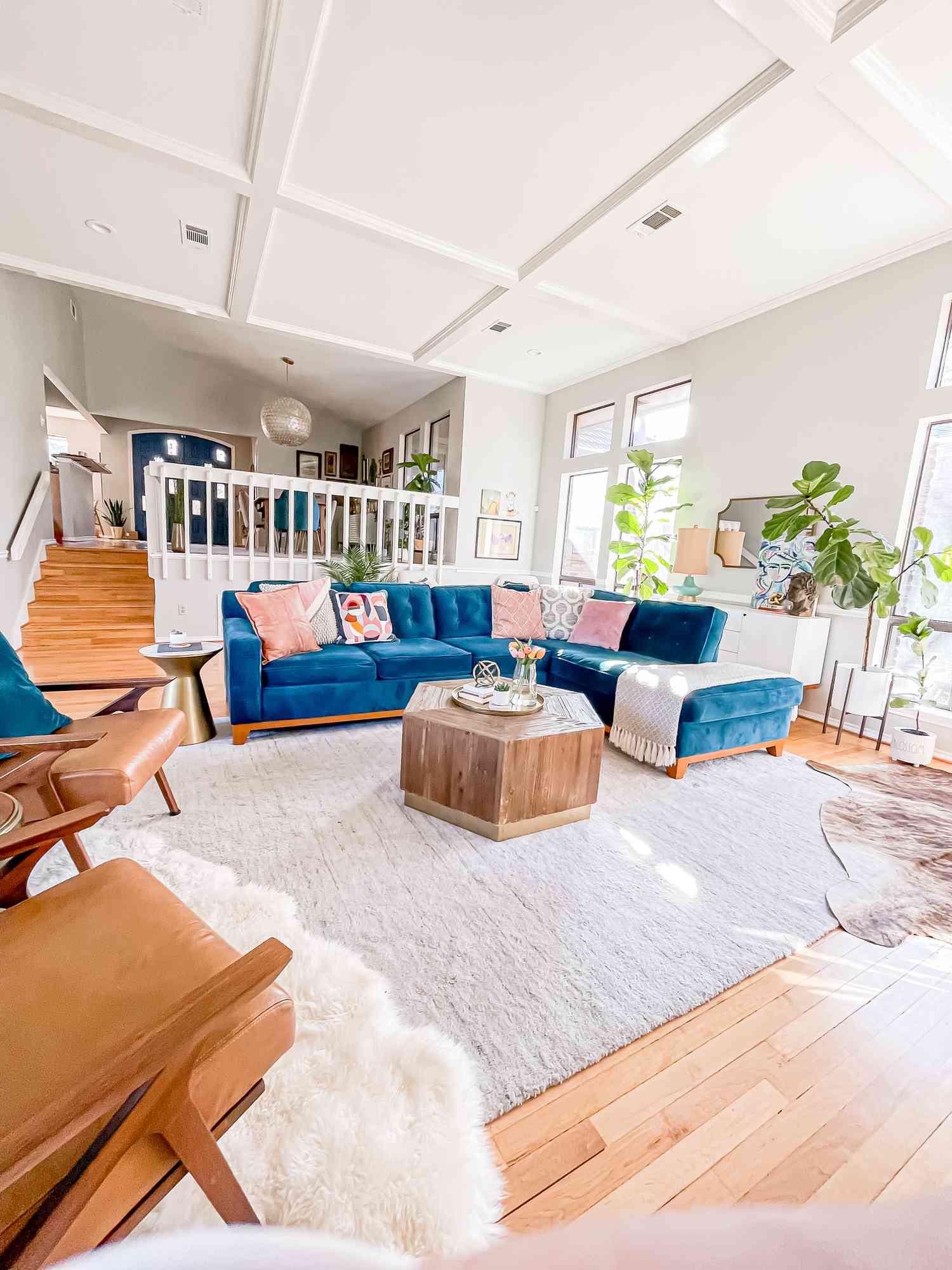 sunken living room blue sofa