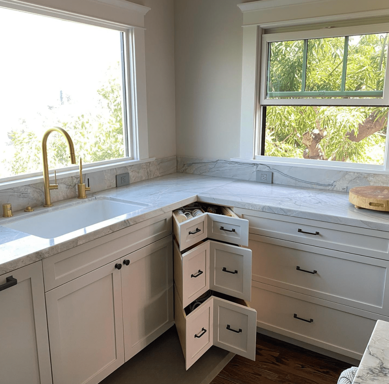 funny shaped drawers in blind corner