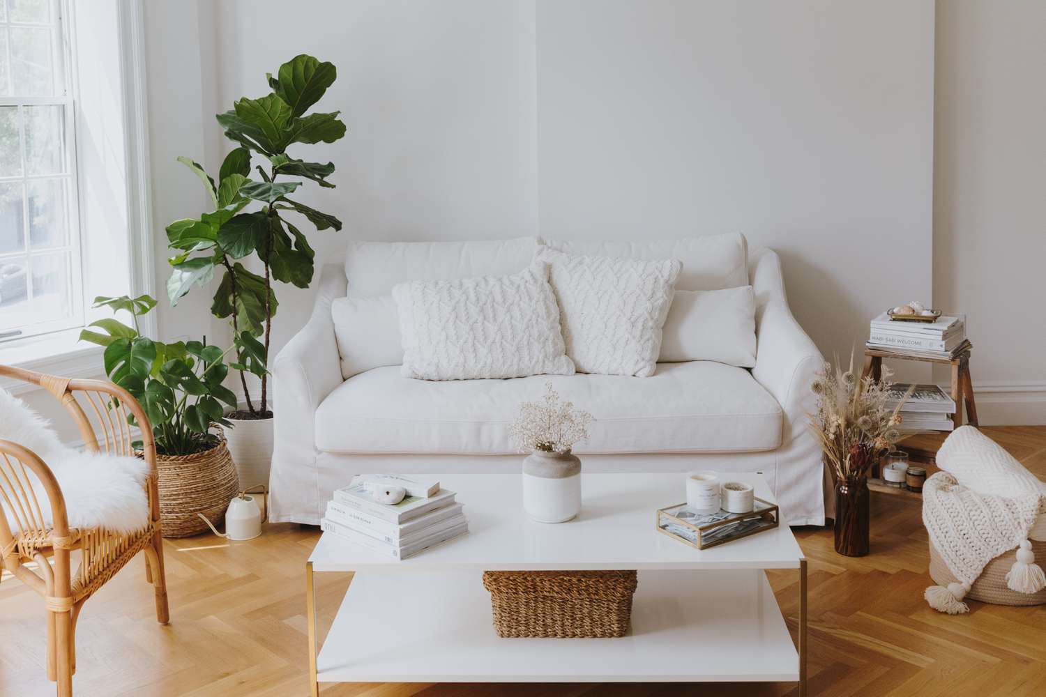 different textures and finishes in an all-white room