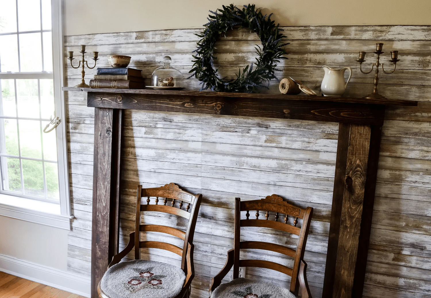 wooden mantel leaning
