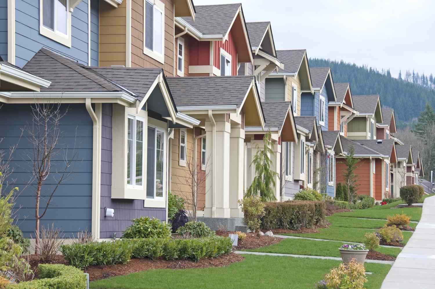 Different colored houses with manicured lawns