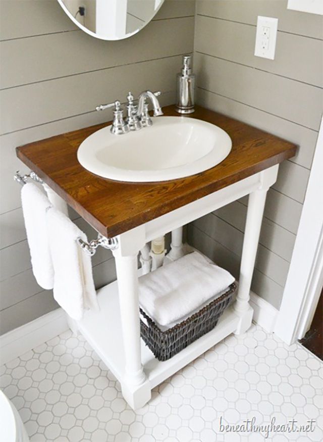 A butcher block vanity in a bathroom