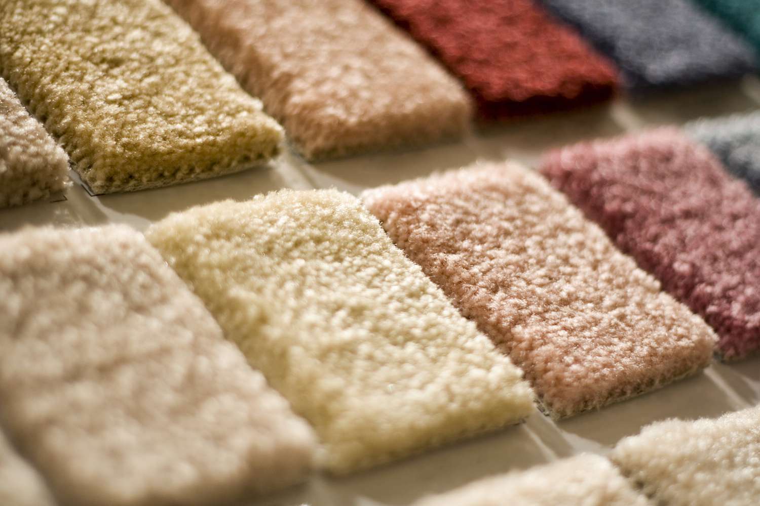 Carpet color swatches on a sample board