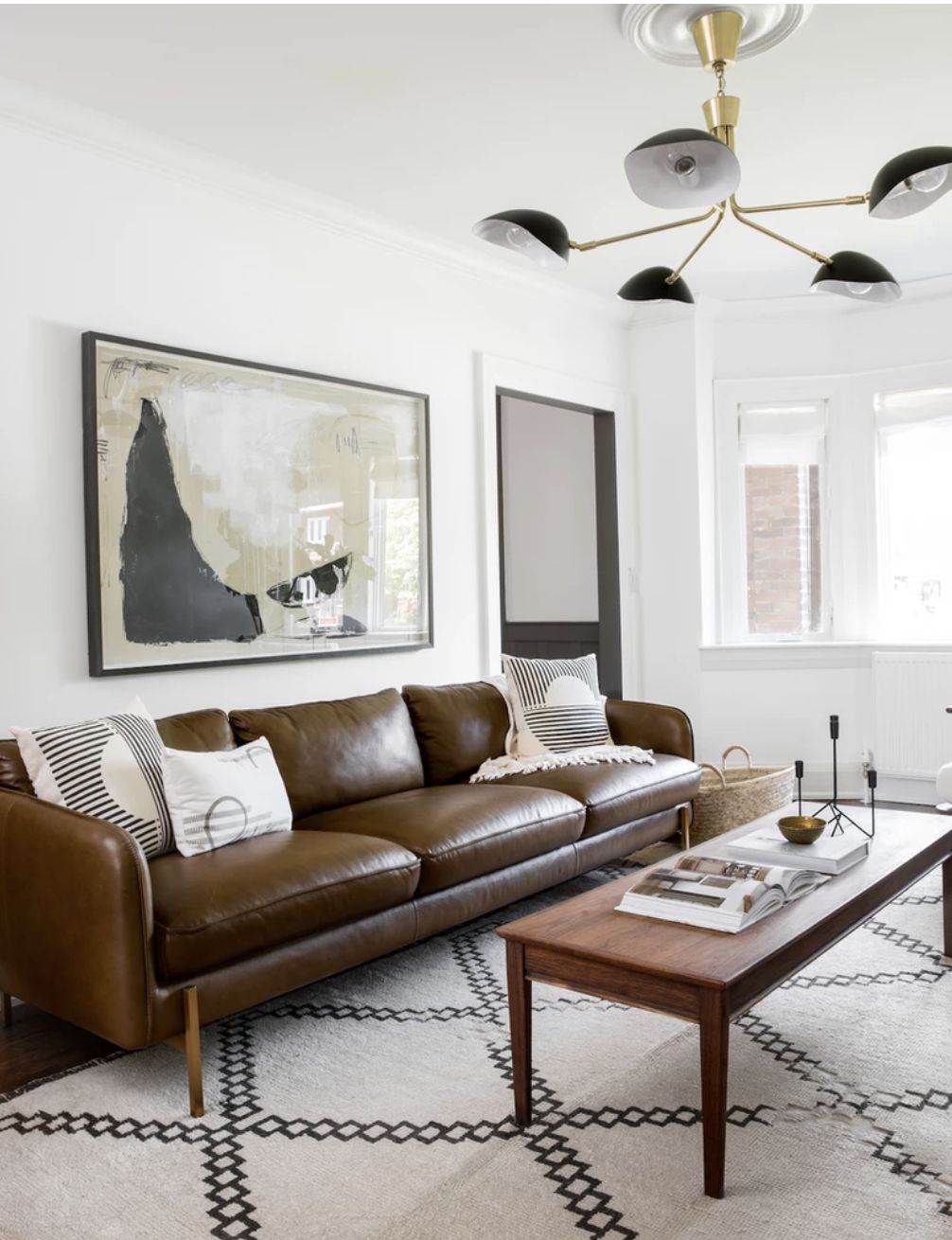 salon moderne avec canapé en cuir brun foncé