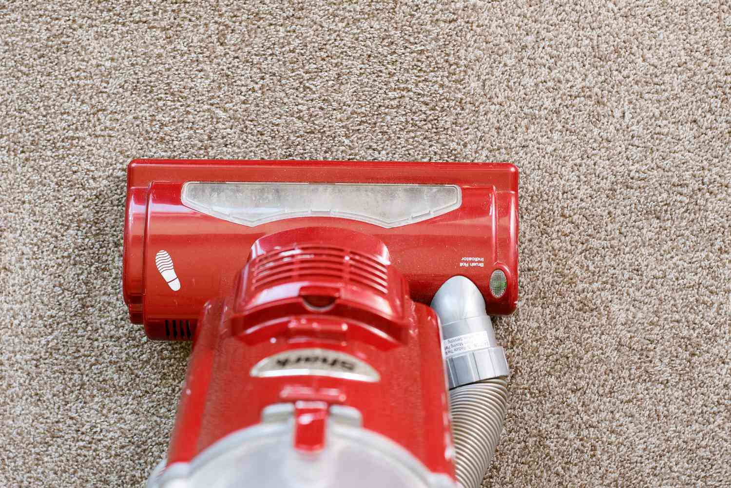 Aspirador vermelho passando sobre o carpete antes da limpeza com bicarbonato de sódio e sal