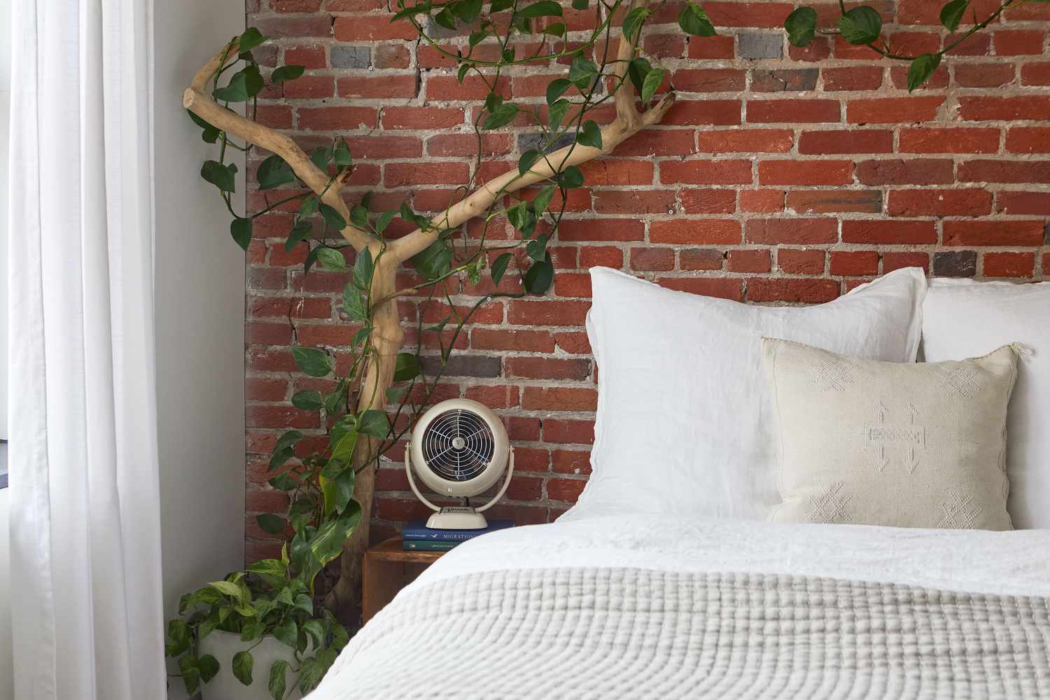 Petit ventilateur de table soufflant de l'air entre le lit fait et la branche d'arbre avec des feuilles grimpantes