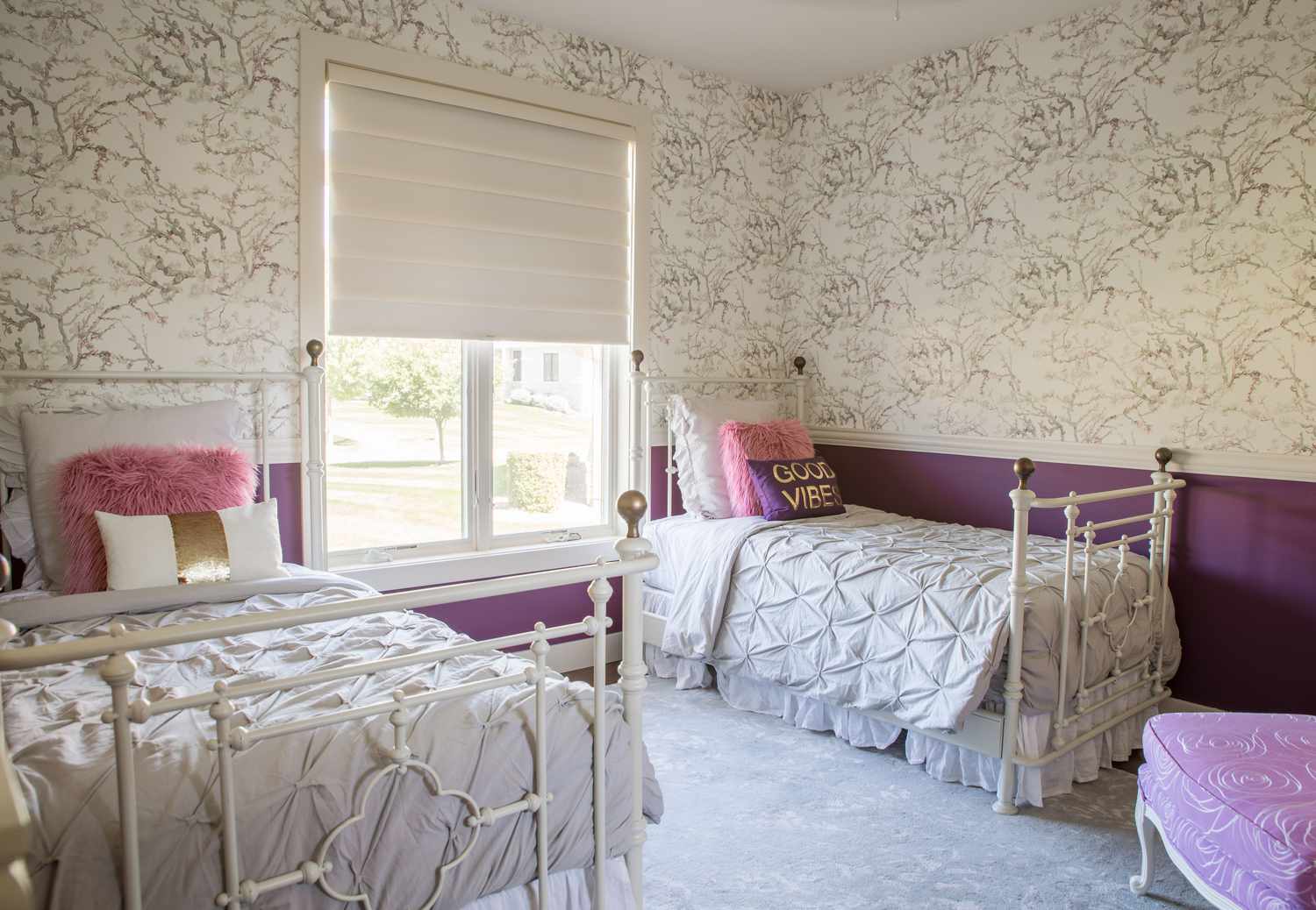 purple bedroom for two teen girls