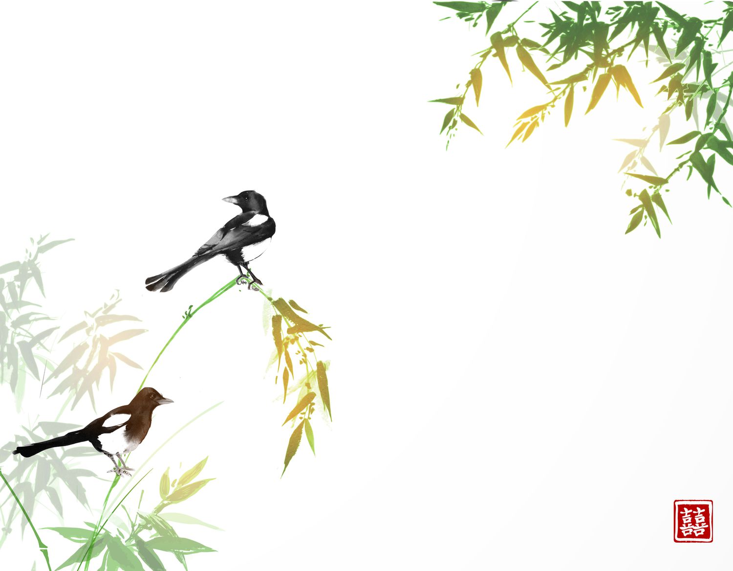 Árvores de bambu e dois pássaros pegas. Pintura tradicional oriental com tinta sumi-e, u-sin, go-hua. Hieróglifo - dupla sorte