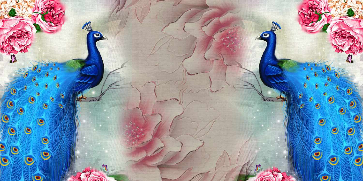 collage con bonito fondo en pared con pavo real pintado de colores y flores y mariposa para decoración de interiores