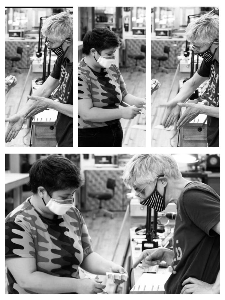 Laura teaching in the shop with her students.