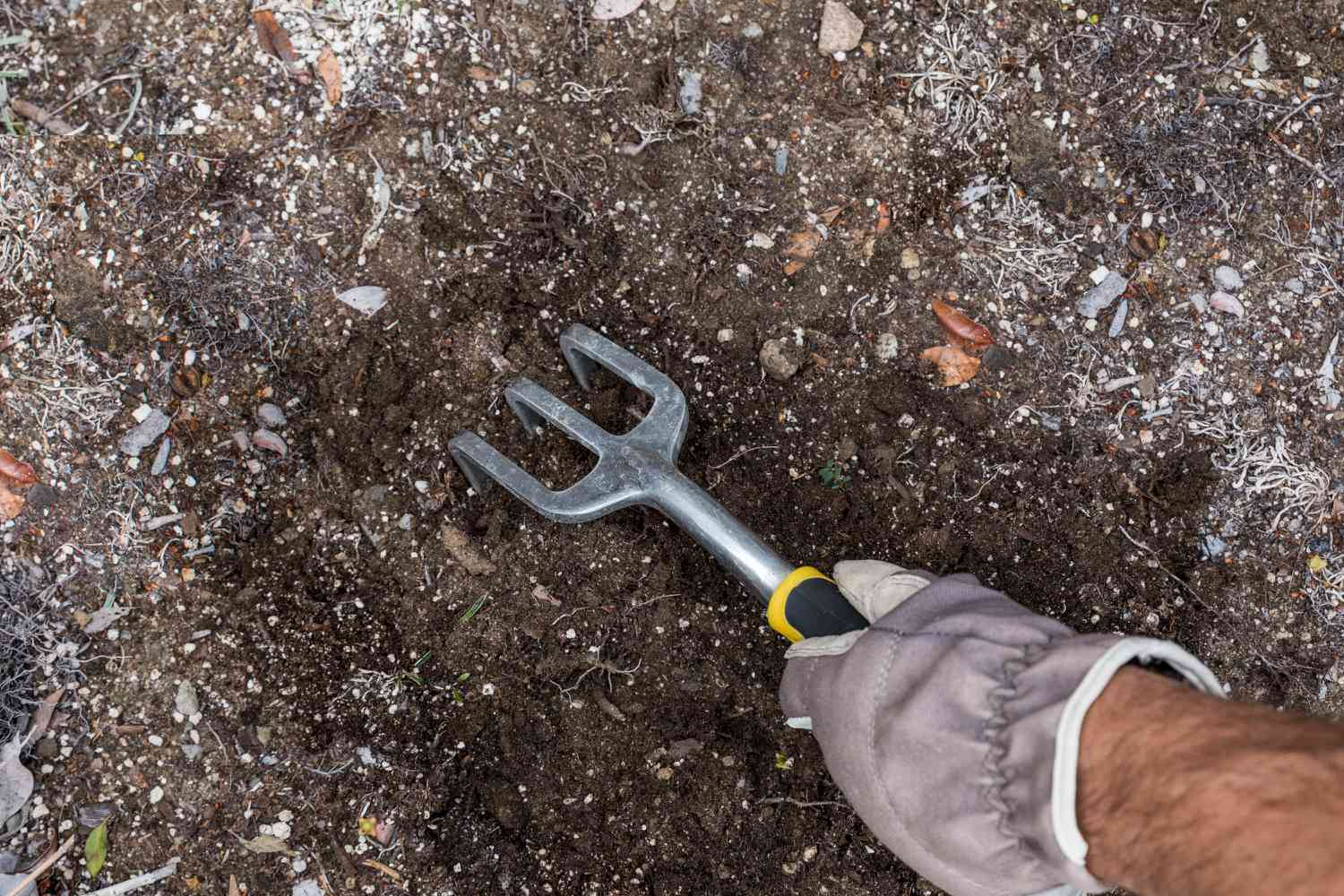 Gartenboden mit handgeführter Gartengabel bearbeitet