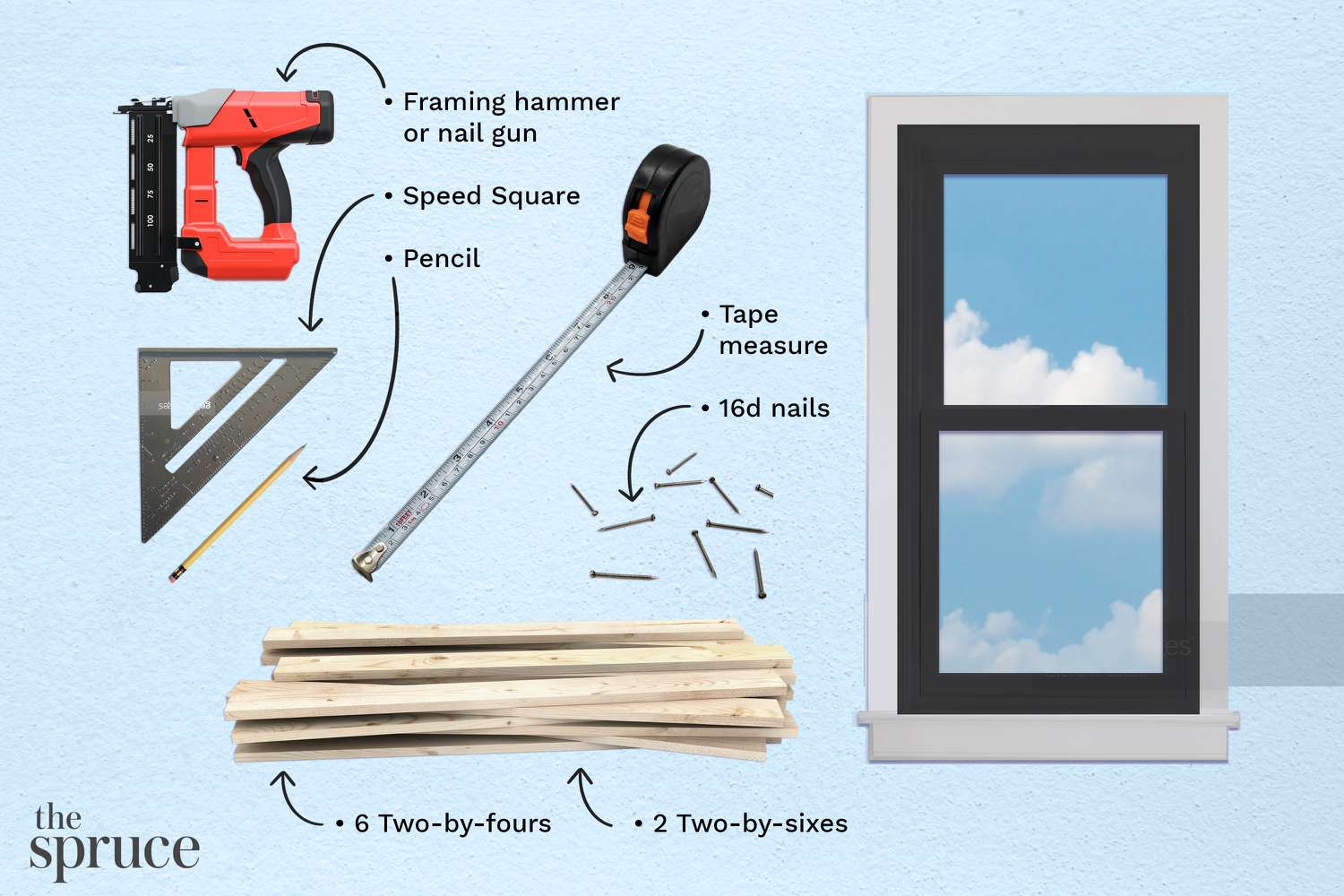 Materiais e ferramentas para emoldurar uma ilustração de janela