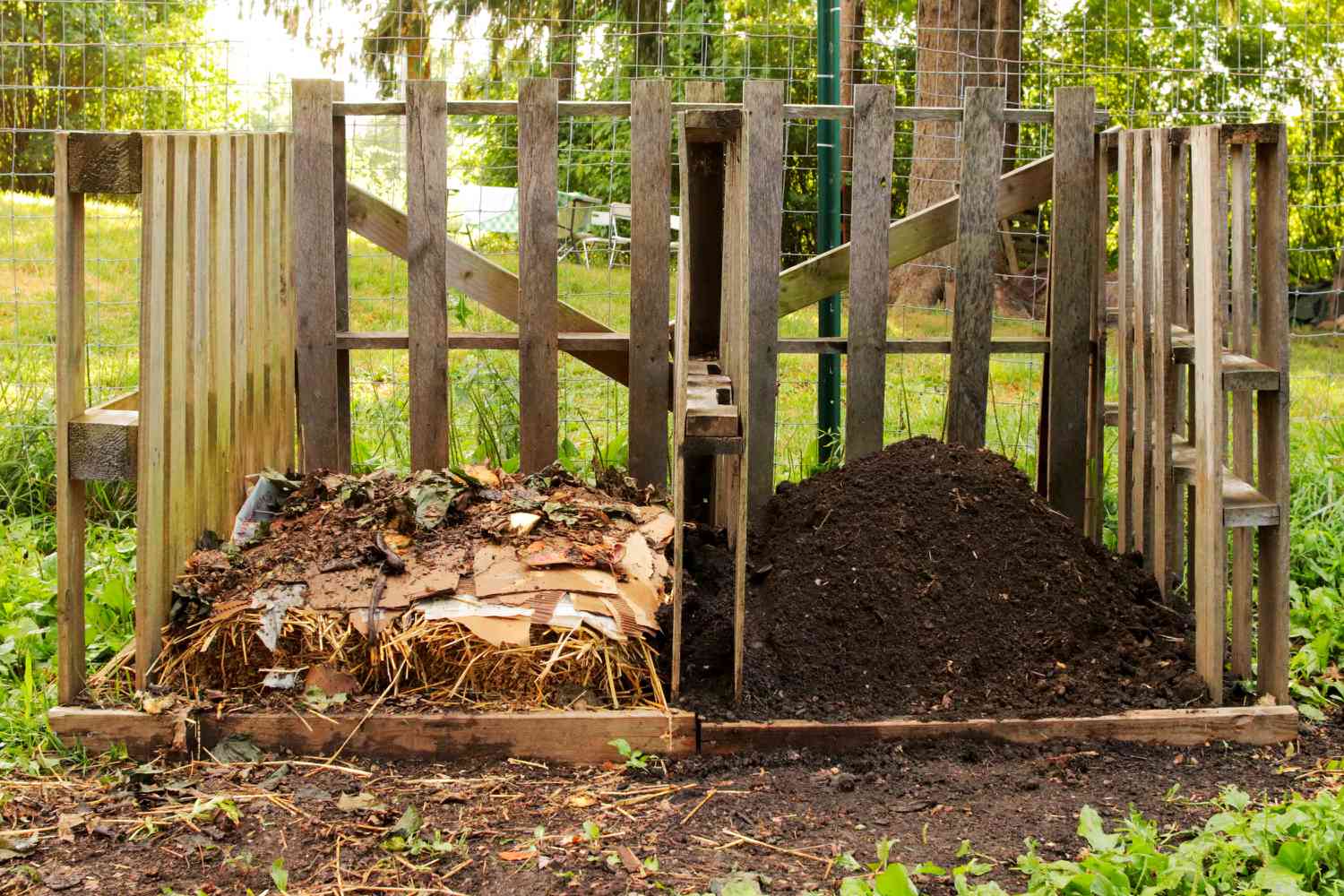 Wooden bin separated with organic and dried materials next to fresh compost