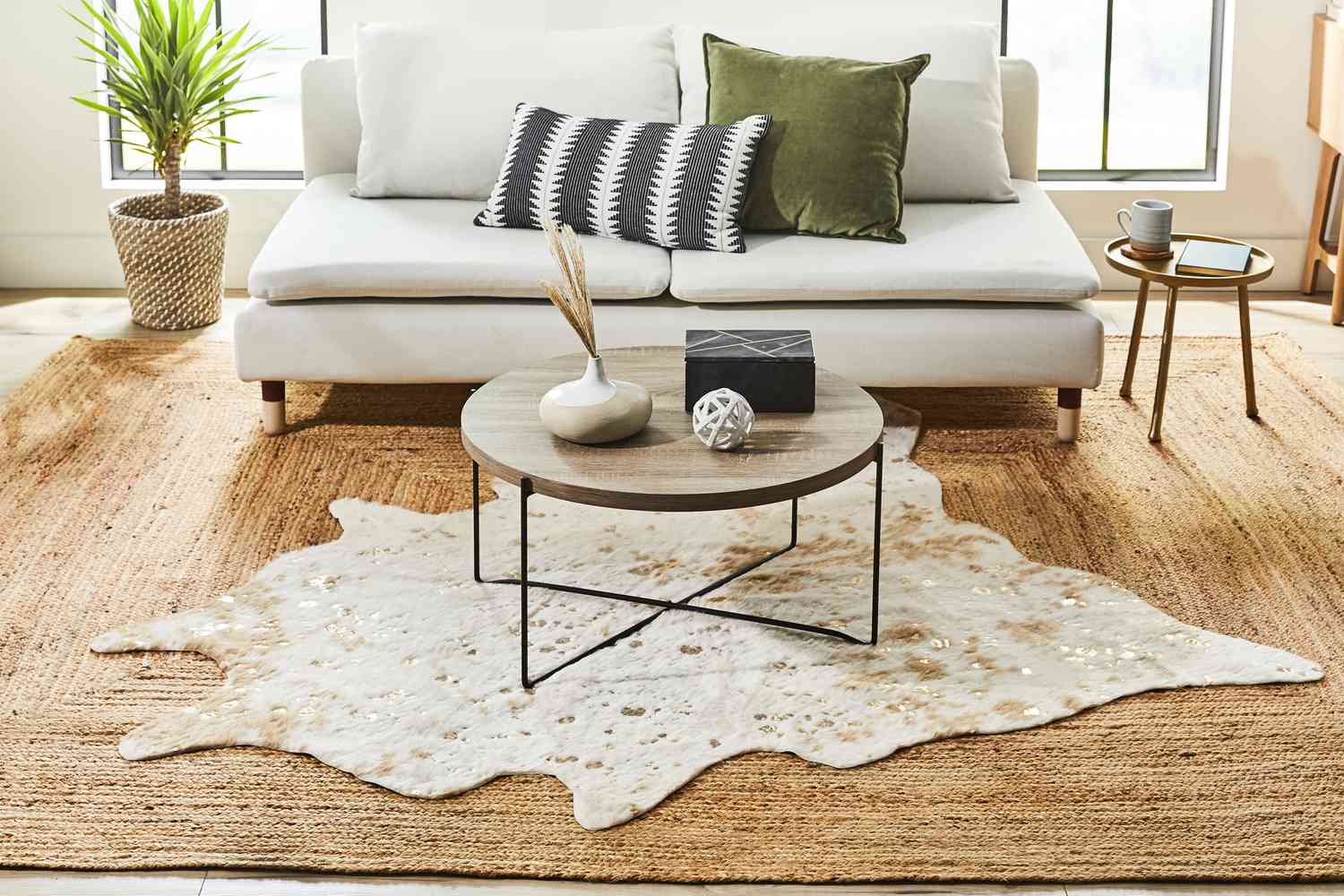 Un tapis en peau de vache superposé à un tapis en chanvre et jute