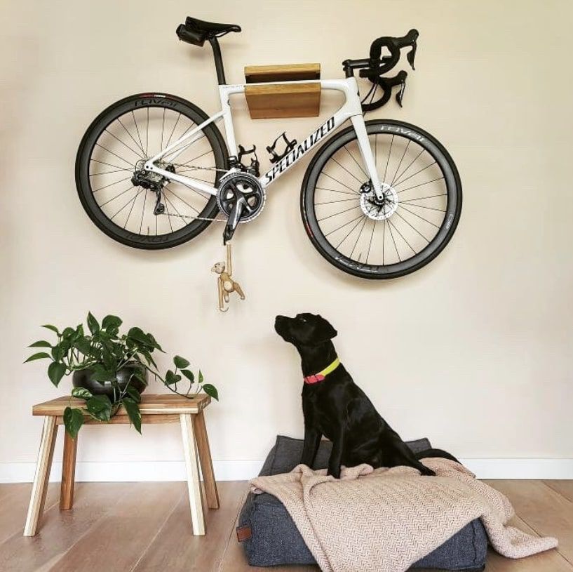 hängendes Fahrradregal mit schwarzem Hund, der auf das Fahrrad schaut