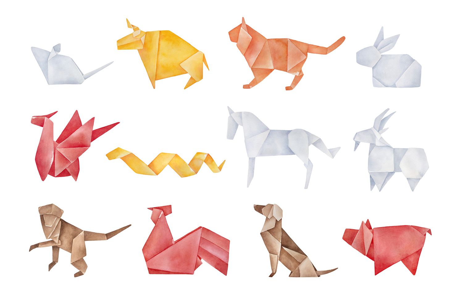 Paquete de origami plegado de doce animales tradicionales del zodiaco chino. Colores rojo, amarillo, marrón, naranja y gris claro. Dibujo gráfico en acuarela hecho a mano
