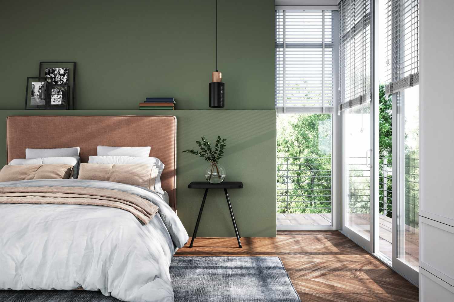 Modernes Schlafzimmer mit grünen Wänden und braunen Akzenten, natürliches Licht