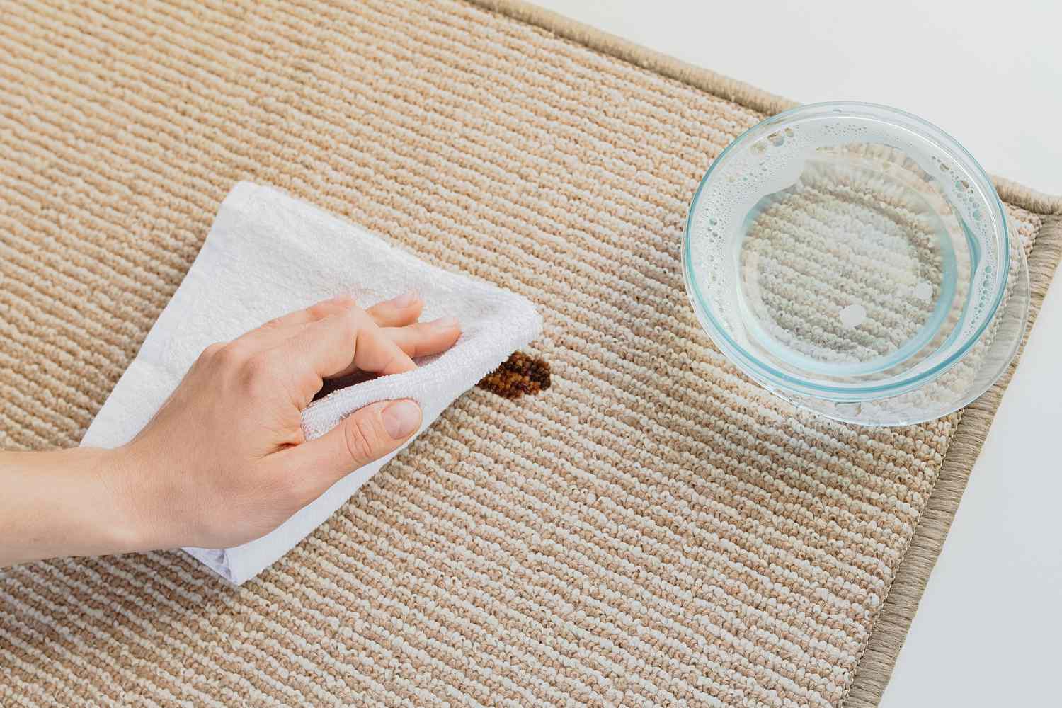 Sojasaucenfleck auf hellbraunem Teppich mit Papiertuch und Geschirrspülmittellösung abgetupft