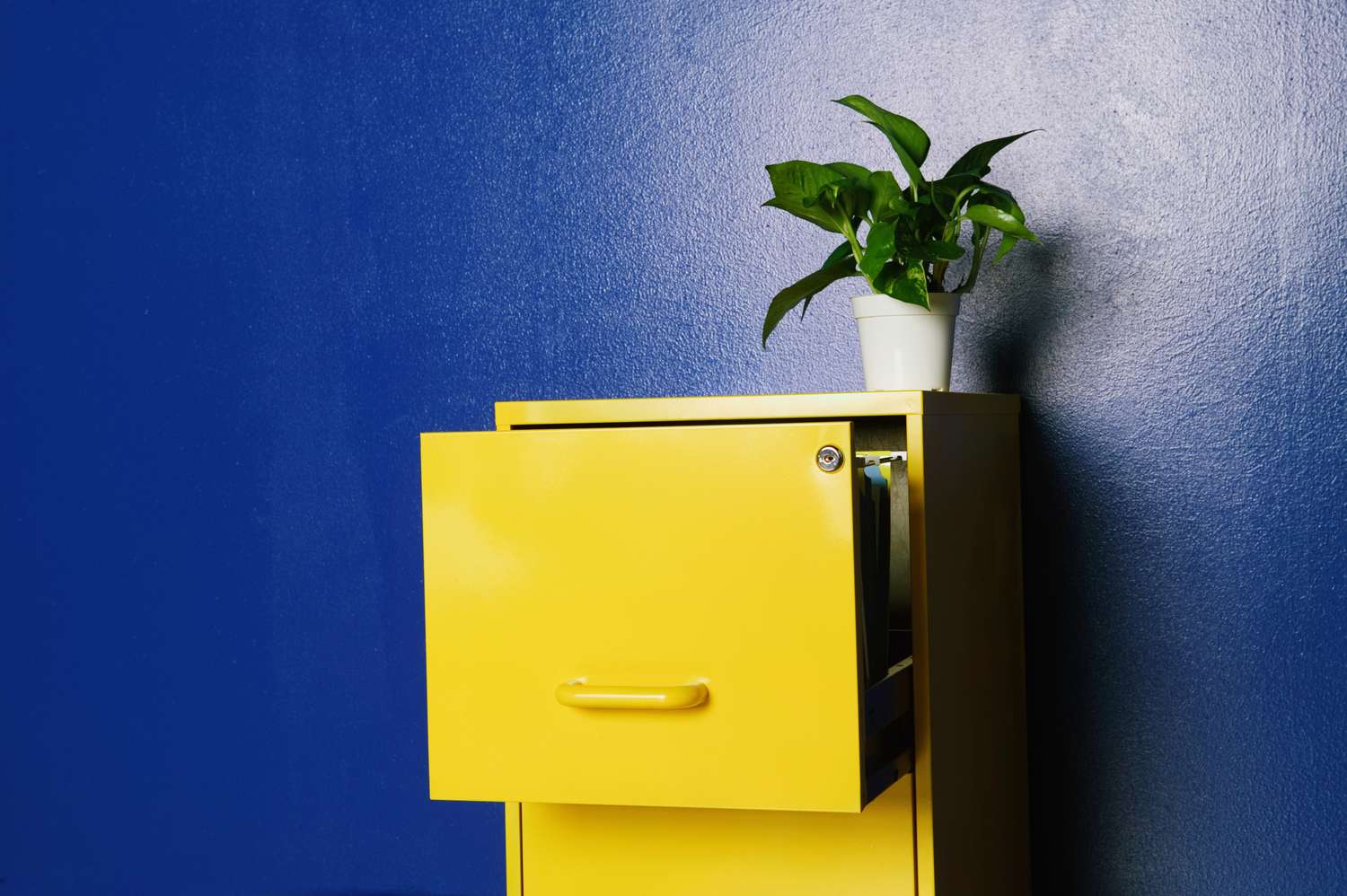 Un archivador amarillo contra una pared azul.