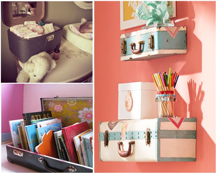 Malas vintage reaproveitadas como decoração de quarto de bebê