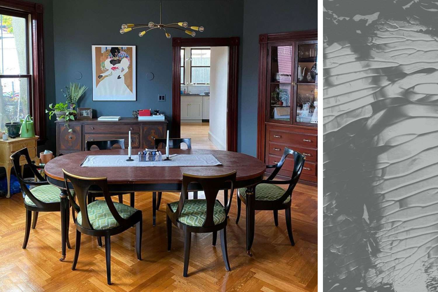 Farrow and Ball 'Downpipe' inspiração para a sala de jantar e amostra de tinta