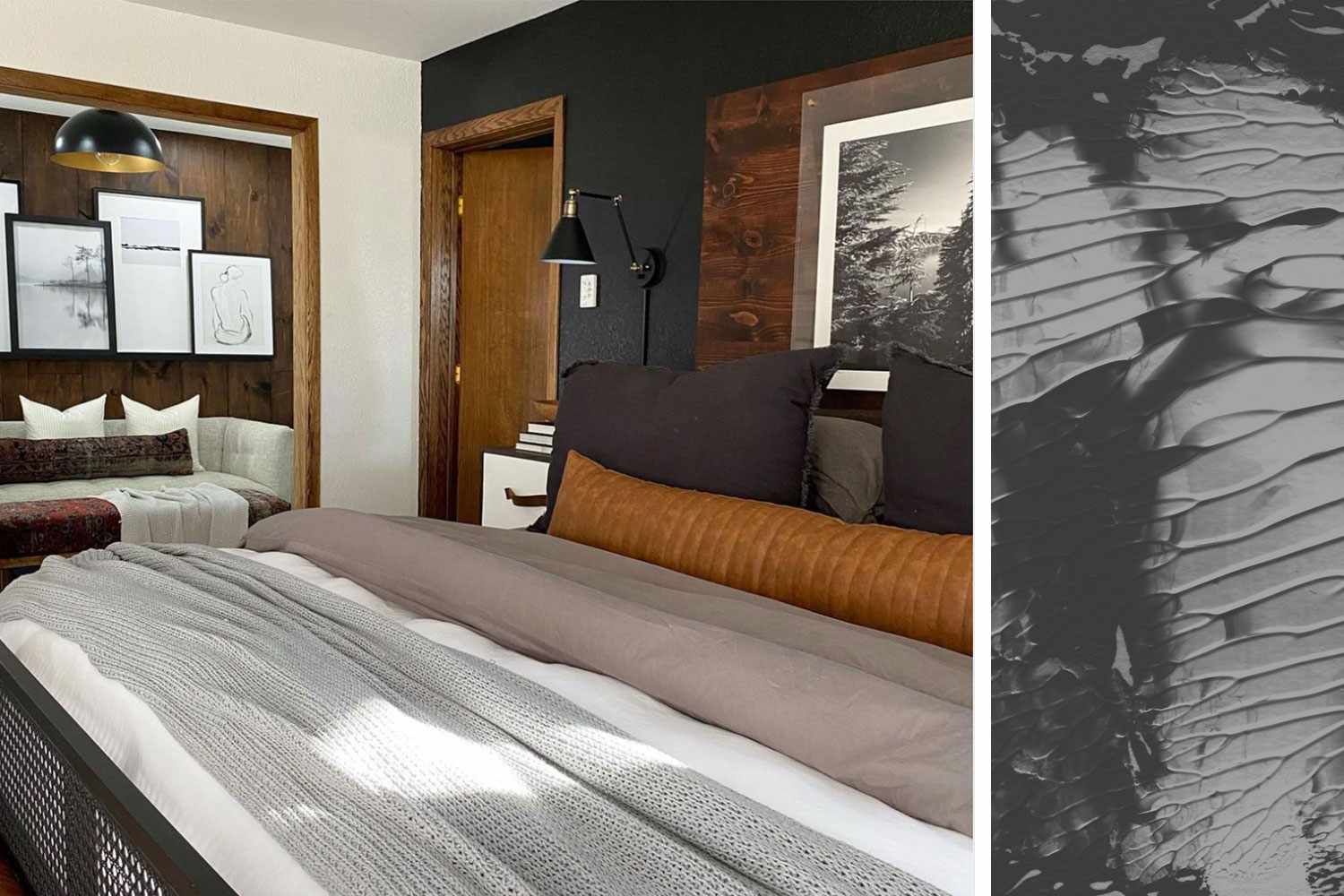 Farrow and Ball 'Pitch Black' Schlafzimmer Inspiration und Farbmuster 