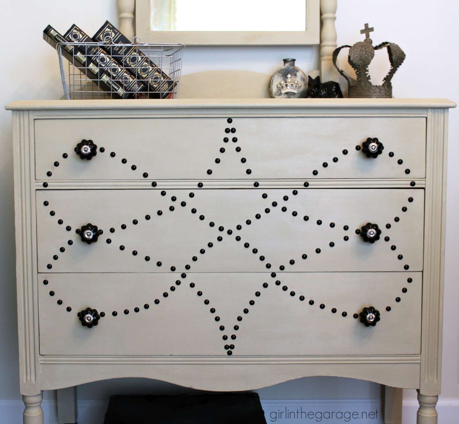 vintage dresser makeover with nailhead trim