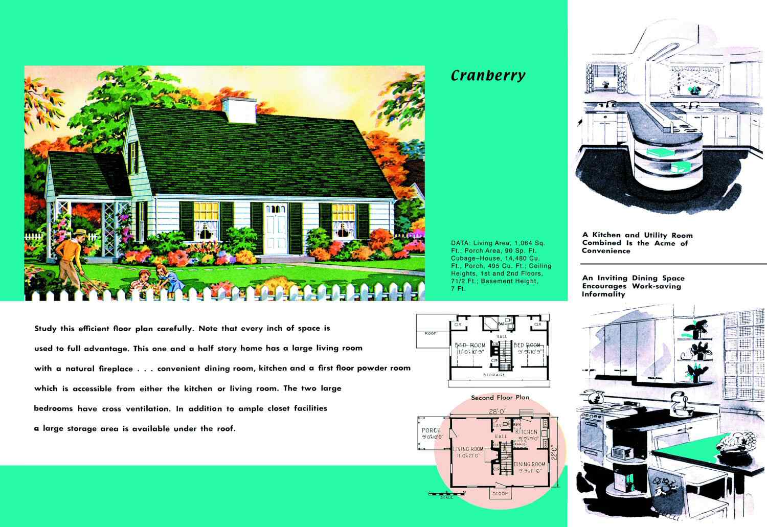 Grundriss und Rendering eines Cape-Cod-Hauses aus den 1950er Jahren namens Cranberry