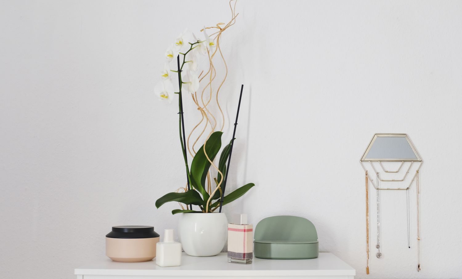 Vignette aus Orchidee, Vasen und anderen Accessoires an einer weißen Wand