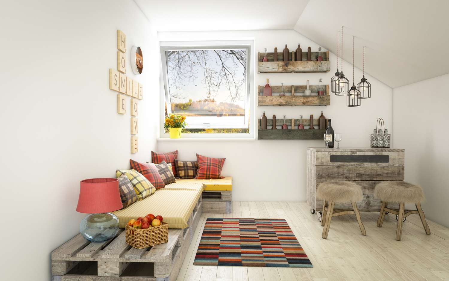 Espace de vie avec tapis, canapés, fauteuils, lampes suspendues et fenêtre.